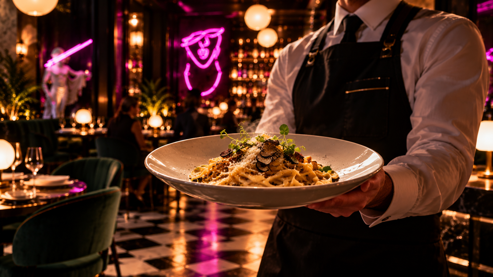 A waiter presenting a pasta dish inside TERRAZZA