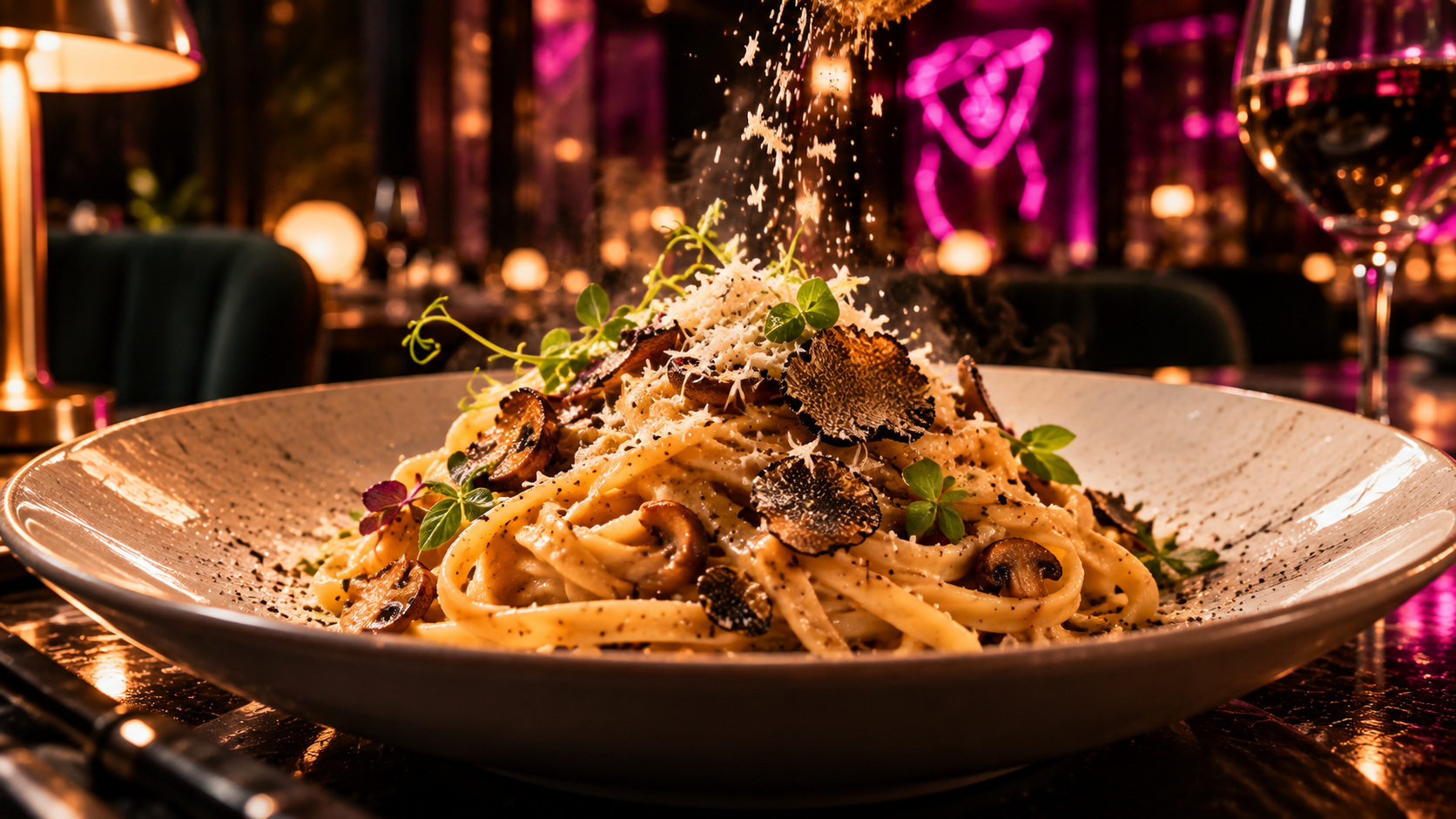 A close view of pasta with truffle and parmesan