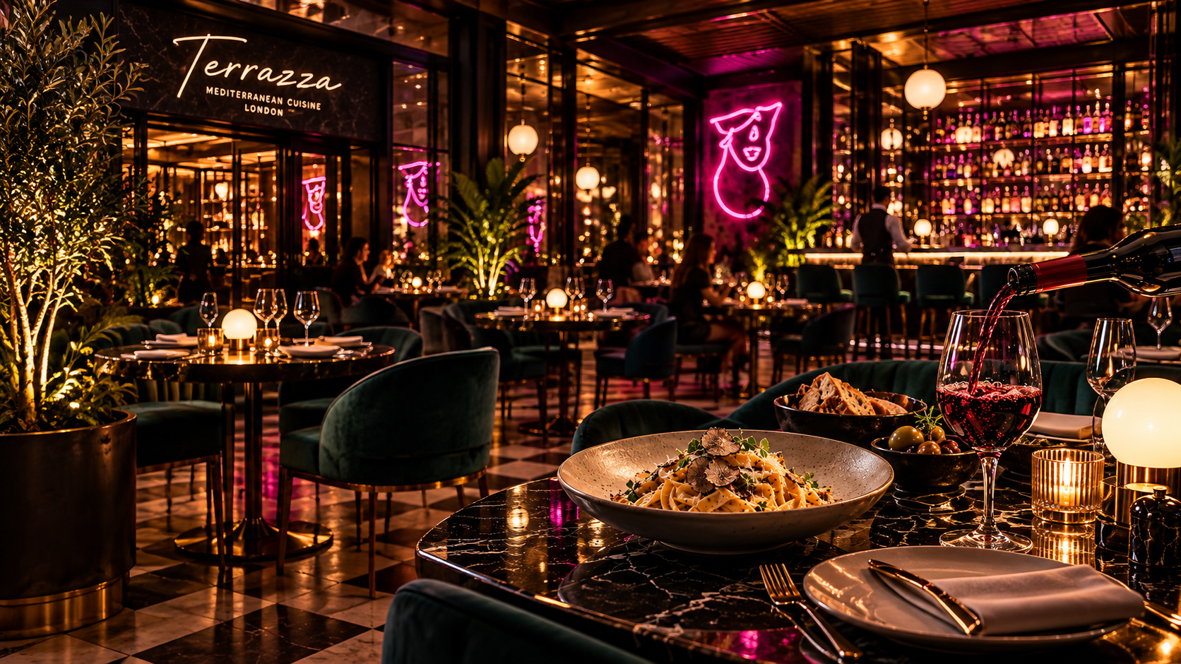 The TERRAZZA dining room glowing at night